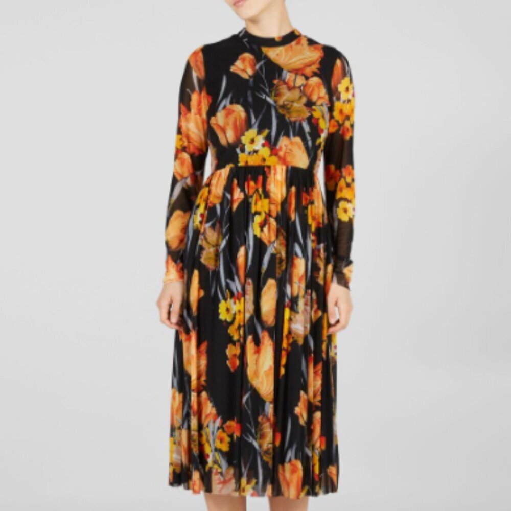 TopShop Y.A.S. Black & Orange Floral Mesh Mock Neck Long Sleeve Midi Dress